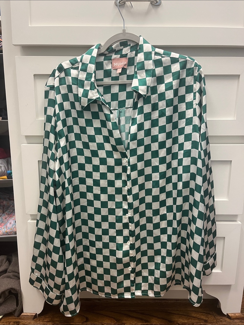 Show Me Your MuMu Green and White Checker Satin Pajama Top